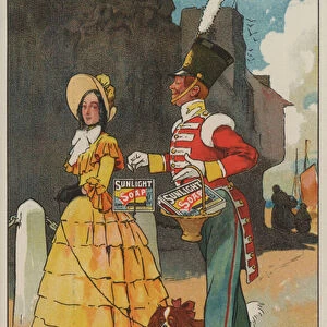 Soldier and woman in Georgian dress: advertisement for Sunlight soap (colour litho)