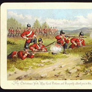 Soldiers of the 3rd London Rifle Volunteer Corps firing their rifles on a battlefield, Christmas greetings card (chromolitho)