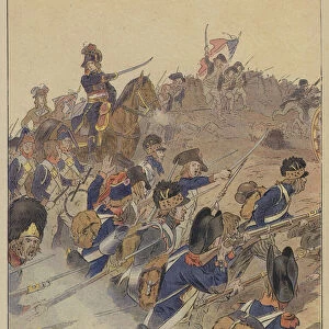 Soldiers of the French Revolutionary army on the battlefield (colour litho)
