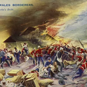 The South Wales Borderers at the Defence of Rorkes Drift, South Africa, Zulu War, 1879 (colour litho)