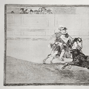A Spanish mounted knight in the ring breaking short spears without the help of assistants, plate 13 of The Art of Bullfighting, pub. 1816 (etching)