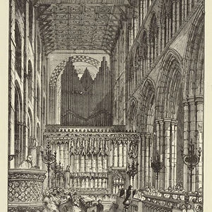 St Albans Cathedral, the nave, with restored rood-screen (engraving)
