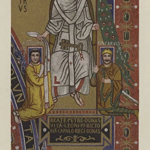 St Peter presenting Charlemagne the flag of Rome and Pope Leo III the stole (colour litho)