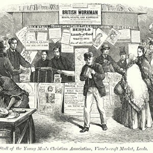Stall of the Young Mens Christian Association, Vicar s-croft Market, Leeds (engraving)