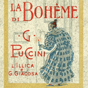 Stamp-sized advertisement for Giacomo Puccinis La Boheme, first performed in 1896 (colour litho)