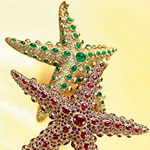 Two Starfish brooches (rubies, amethyst, emeralds, aquamarine & gold)