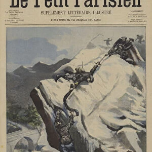 Stirring rescue of a soldier in the Alps (colour litho)