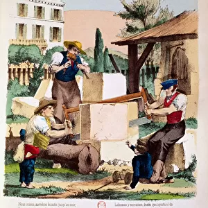 The Stonemasons, illustration from a childrens book, c. 1890 (colour litho)