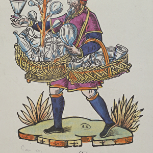 Street hawker selling glassware, from Cris de Paris, c. 1515 (coloured wood engraving)