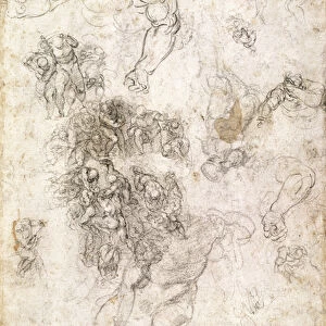 Study of figures for The Last Judgement with artists signature, 1536-41
