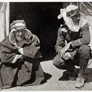 T. E. Lawrence and Mr L. Thomas outside their tent, 1919 (b / w photo)