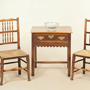Side table and pair of spindle back chairs, Lancashire (oak)