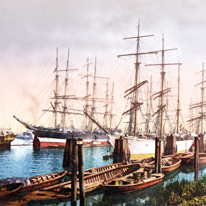 Tall Ships mooring in the Harbour, Hamburg, pub. c. 1895 (postcard chromolithograph)