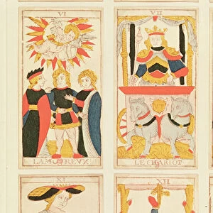 Four tarot cards depicting The Lovers, The Chariot, Strength and The Hanged Man