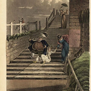 Terrace Steps: tourists take a tumble down the stairs of Cliff Terrace. Handcoloured copperplate engraving by Thomas Rowlandson, aquatint by J. C. Stadler, after a sketch by J. Green from Poetical Sketches of Scarborough, Ackermann, London, 1813