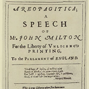Title page from Areopagitica, by John Milton, 1644 (engraving)