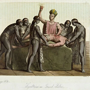Topiltzin (high priest of ancient Mexican civilizations) making a human sacrifice - in "The Ancient and Modern Costume"by Jules Ferrario, 1819-1820
