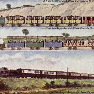 A train of 1837 compared with the special Anglo-American Boat Express in 1904 (colour litho)