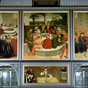 Triptych, left panel, Philipp Melanchthon performs a baptism assisted by Martin Luther