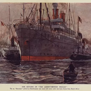 Troopship SS Bavarian arriving at Southampton carrying soldiers from the Boer War, 1902 (colour litho)