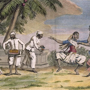 A troupe of Bayaderes, or Indian dancing girls, with male musicians