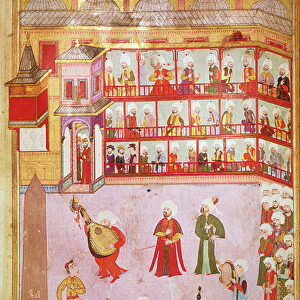 TSM H. 1344 Dancer and musicians playing at the festival, 1582-83 (gouache on paper)