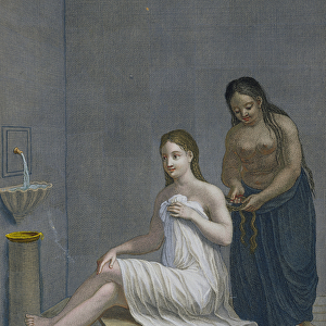 Turkish Girl, having her hair braided in the baths, 18th century (engraving)