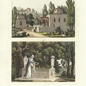 Turkish mausoleum and tomb, 18th century. A Turkish cemetery with cypress trees and mausoleums, 1 and a marble grave kept as a flower garden by mourners 2. The turban headstone signifies the deceased is a man, an urn a woman, and a rose a girl