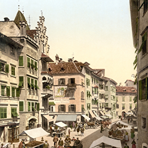 Typical Tyrolean street market, pub. c. 1895 (postcard chromolithograph)