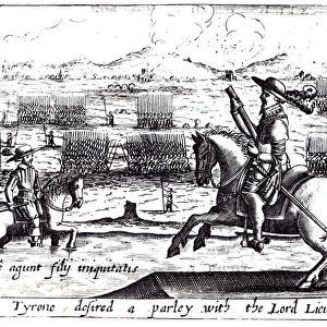 Tyrone Desired a Parley with the Lord Lieutenant at Kinsale, 1601 (engraving) (b&w photo)