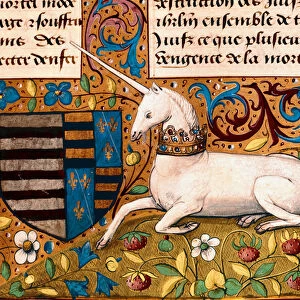 A unicorn and a coat of arms Detail of a 15th century manuscript page - Chantilly