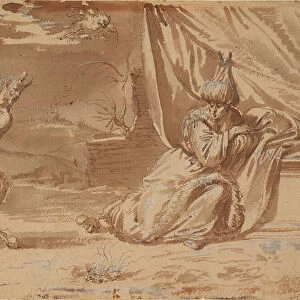 Unidentified subject: a satyr wielding a trident before an eastern potentate, a mouse at his feet, 1701-1800 (pen and brush in brown ink, heightened with bodycolour on paper)