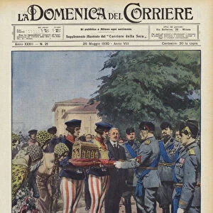 A unique ceremony took place in Lucca for the visit of Benito Mussolini (colour litho)