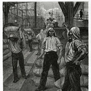 The unloading of a ship, the dockers with their heads covered with a tarmac cap