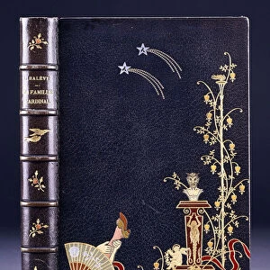 Upper book cover of two shooting-stars, a torch, foliage, faun on pedestal