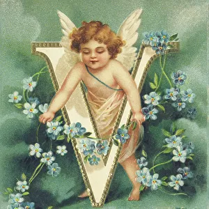 V : Angelot with a pink veil the upper-case surrounded by forget-me-not flowers - Alphabet of cherubs, 1905 (postcard)