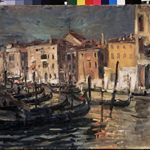 Venise (Italie) (Venise). Le Grand canal dans la lagune de Venise, avec les quais, les gondoles et les batiments eclaires par la lumiere crue du soleil