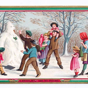 A Victorian Christmas card of children building a snowman, c. 1880 (colour litho)