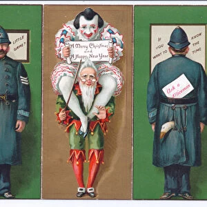 A Victorian Christmas card with a jester, clown and policeman, c. 1880 (colour litho)