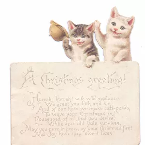 A Victorian Christmas card of two kittens waving, c. 1880 (colour litho)