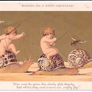 A Victorian Christmas card of two naked babies riding snails escorted by wasps against a gold background, c. 1895 (colour litho)