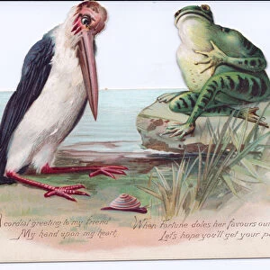 A Victorian die-cut shape card of a stork and a frog by the seaside, c