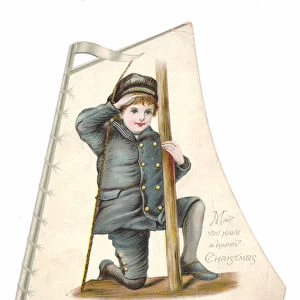 A Victorian Die-cut shape Christmas card of a boyin costume raising his hand in a salute