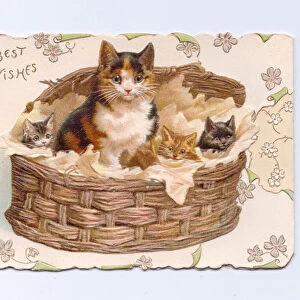 A Victorian greeting card of a cat and three kittens in a wicker basket, c