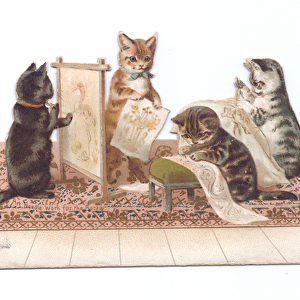 A Victorian greeting card of cats weaving tapestry, c. 1880 (colour litho)