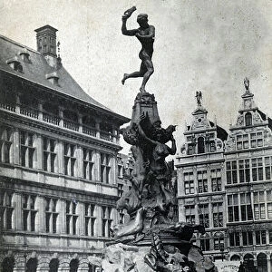View of the Brabo fountain in Antwerp, Belgium Postcard from the beginning of the 20th century