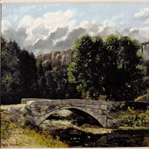 View of the bridge of Saint Sulpice in Fleurier, Switzerland (oil on canvas, 1866)