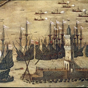 View of the harbour of Genoa. (Detail. Oil on canvas, 1597)