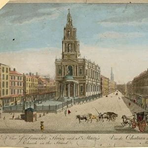A view of Somerset House and St Marys Church in the Strand (coloured engraving)