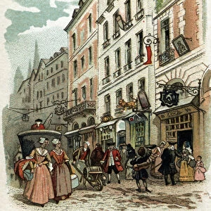 View of a street of Paris under the reign of King Louis XV, beginning of the 18th century Chromolithography de la fin du 19th century Private Collection